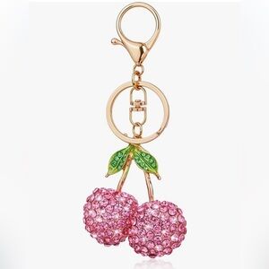 Pink Cherry Bling rhinestone bag charm with gold clip keys, purse, acces…